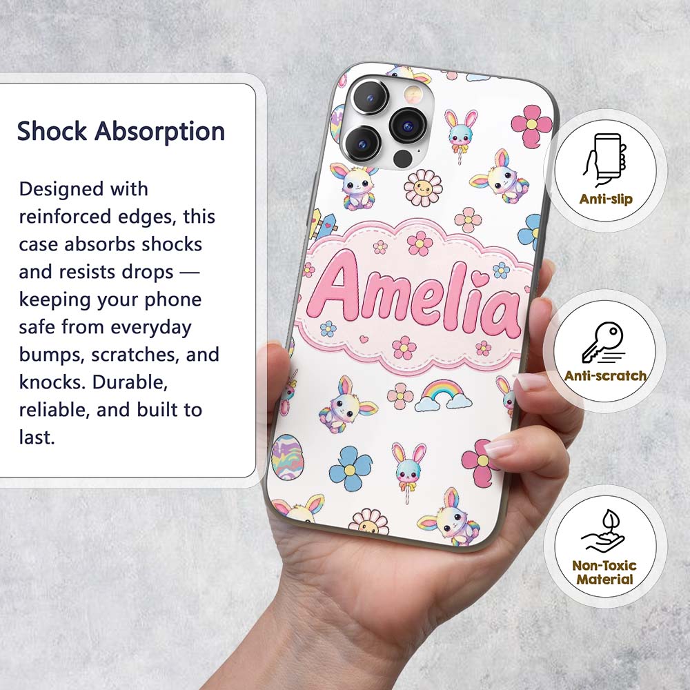 Cute Rainbow Bunny Flower Easter Egg Seamless Custom Name Protective Phone Case Mobile Cover Durable Everyday Smartphone Shock Resistant
