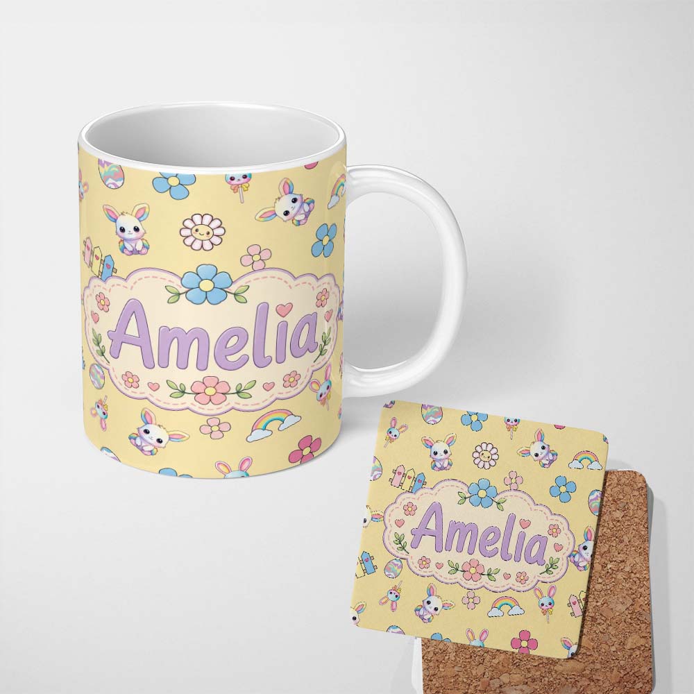 Personalized Custom Name Cute Rainbow Bunny Flower Easter Egg Seamless Pattern Yellow 11oz Ceramic Coffee Tea Mug White Large Handle
