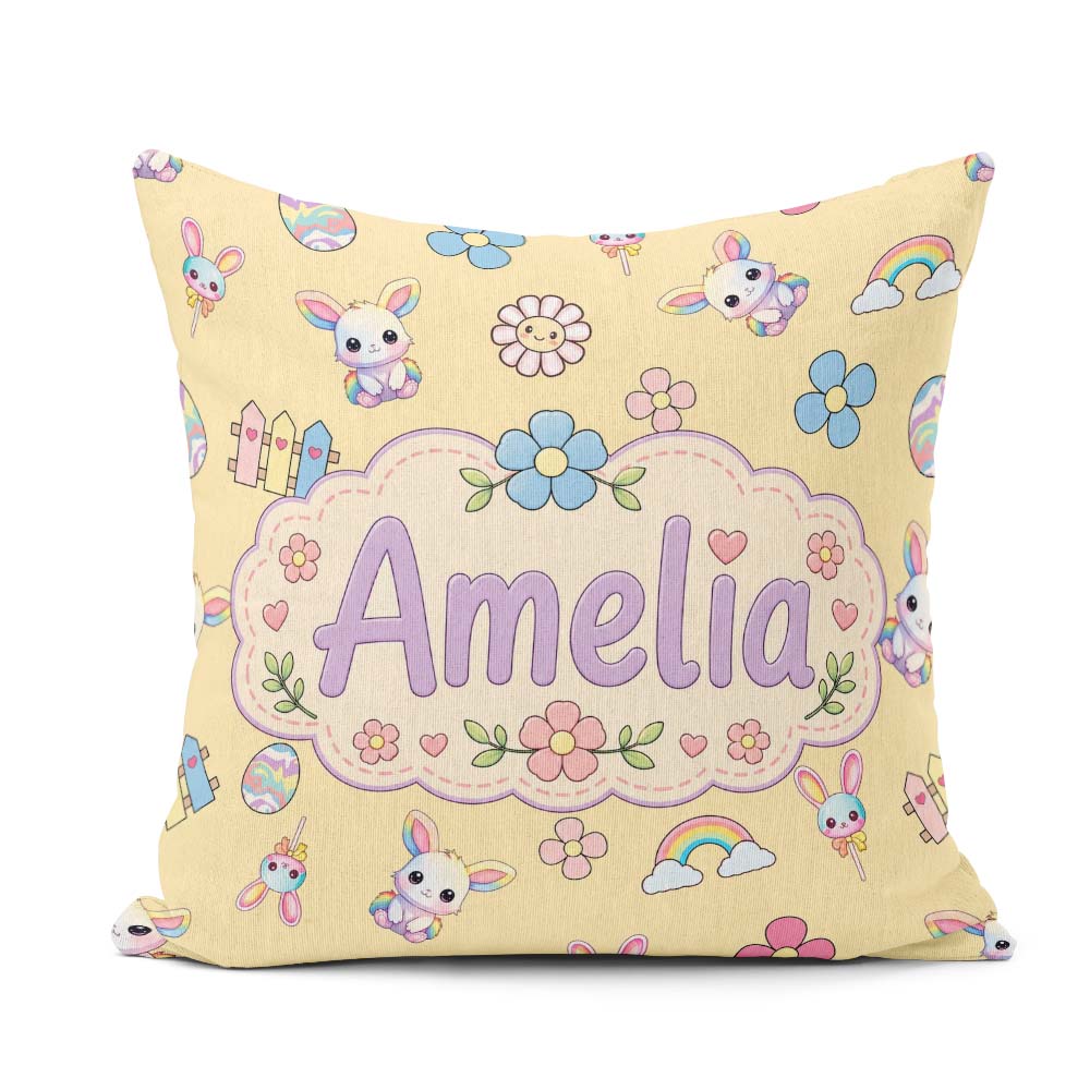 Custom Name Cute Rainbow Bunny Flower Easter Egg Seamless Yellow Square Filled Cushion Throw Pillow Sofa Bed Home Decor Zip Washable UK Made