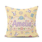 Custom Name Cute Rainbow Bunny Flower Easter Egg Seamless Yellow Square Filled Cushion Throw Pillow Sofa Bed Home Decor Zip Washable UK Made