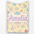Cute Rainbow Bunny Flower Easter Egg Seamless Pattern Yellow  Personalised Custom Name Super Soft Fleece Blanket Bed Sofa Throw