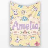 Cute Rainbow Bunny Flower Easter Egg Seamless Pattern Yellow  Personalised Custom Name Super Soft Fleece Blanket Bed Sofa Throw