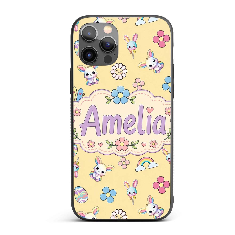 Cute Rainbow Bunny Flower Easter Egg Seamless Custom Name Protective Phone Case Mobile Cover Durable Everyday Smartphone Shock Resistant