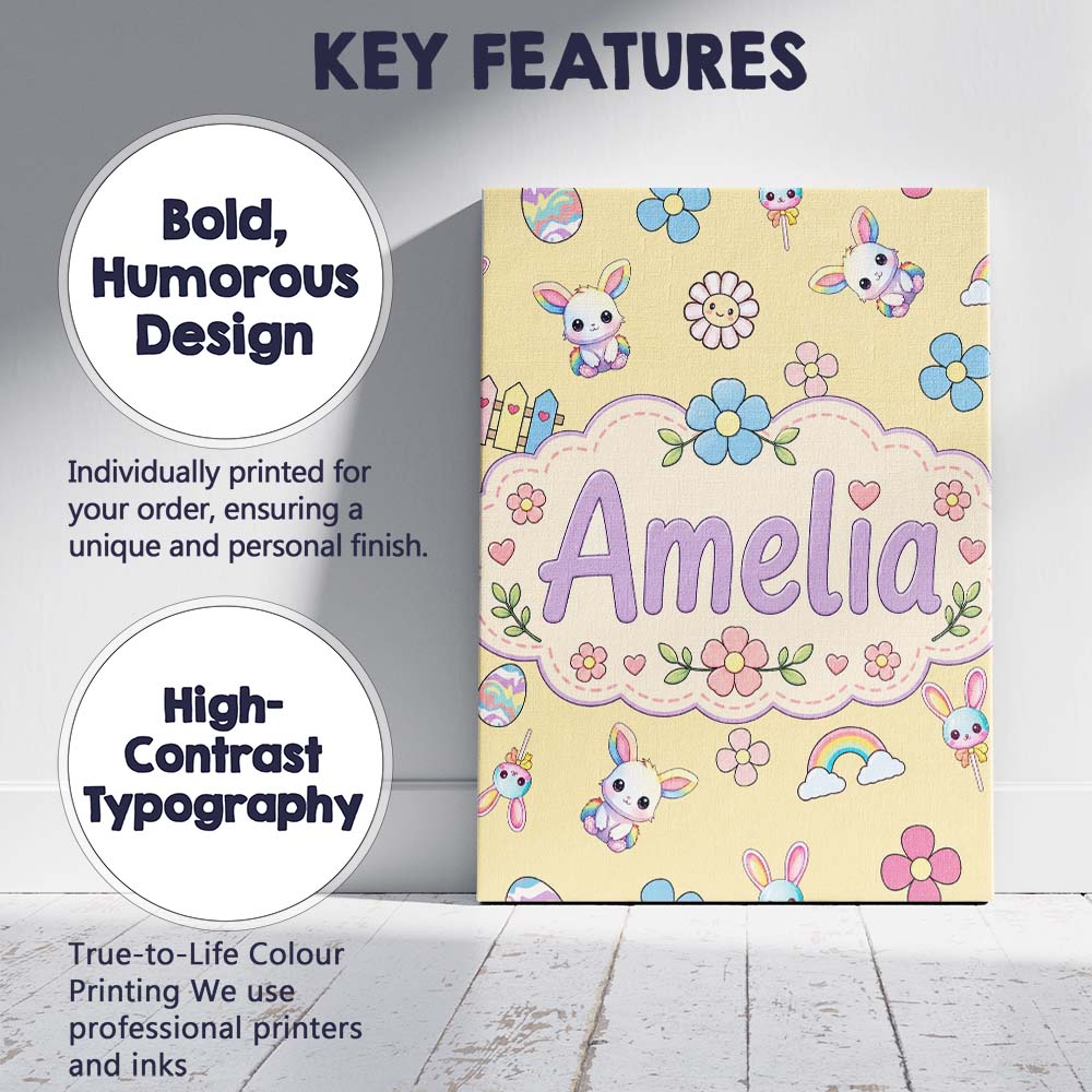 Personalised Name Cute Rainbow Bunny Flower Custom  Bespoke Interior Contemporary Canvas Wall Art Print Decor Picture Ready to Hang