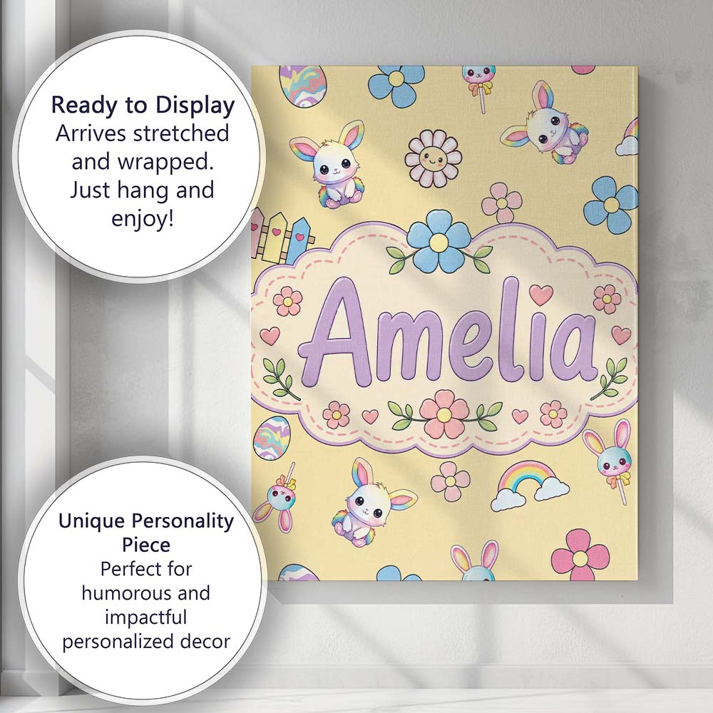 Personalised Name Cute Rainbow Bunny Flower Custom  Bespoke Interior Contemporary Canvas Wall Art Print Decor Picture Ready to Hang