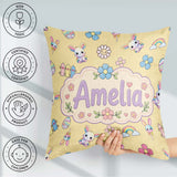 Custom Name Cute Rainbow Bunny Flower Easter Egg Seamless Yellow Square Filled Cushion Throw Pillow Sofa Bed Home Decor Zip Washable UK Made