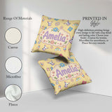 Custom Name Cute Rainbow Bunny Flower Easter Egg Seamless Yellow Square Filled Cushion Throw Pillow Sofa Bed Home Decor Zip Washable UK Made