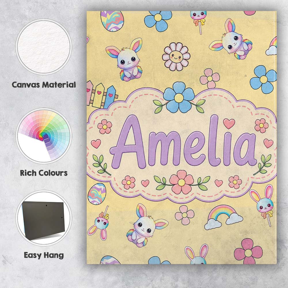 Personalised Name Cute Rainbow Bunny Flower Custom  Bespoke Interior Contemporary Canvas Wall Art Print Decor Picture Ready to Hang