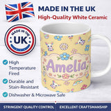 Personalized Custom Name Cute Rainbow Bunny Flower Easter Egg Seamless Pattern Yellow 11oz Ceramic Coffee Tea Mug White Large Handle