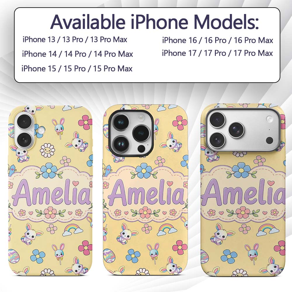 Cute Rainbow Bunny Flower Easter Egg Seamless Custom Name Protective Phone Case Mobile Cover Durable Everyday Smartphone Shock Resistant