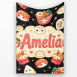 Cute Kawaii Sushi Ramen Dumpling Asian Food Seamless Pattern Black  Personalised Custom Name Super Soft Fleece Blanket Bed Sofa Throw
