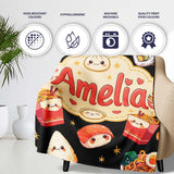 Cute Kawaii Sushi Ramen Dumpling Asian Food Seamless Pattern Black  Personalised Custom Name Super Soft Fleece Blanket Bed Sofa Throw