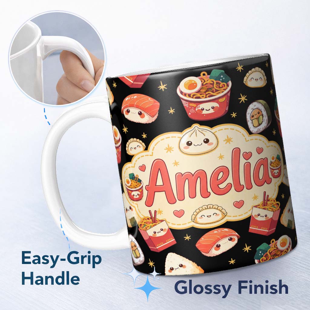 Personalized Custom Name Cute Kawaii Sushi Ramen Dumpling Asian Food Seamless Pattern Black 11oz Ceramic Coffee Tea Mug White Large Handle