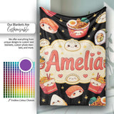 Cute Kawaii Sushi Ramen Dumpling Asian Food Seamless Pattern Black  Personalised Custom Name Super Soft Fleece Blanket Bed Sofa Throw