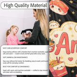 Cute Kawaii Sushi Ramen Dumpling Asian Food Seamless Pattern Black  Personalised Custom Name Super Soft Fleece Blanket Bed Sofa Throw