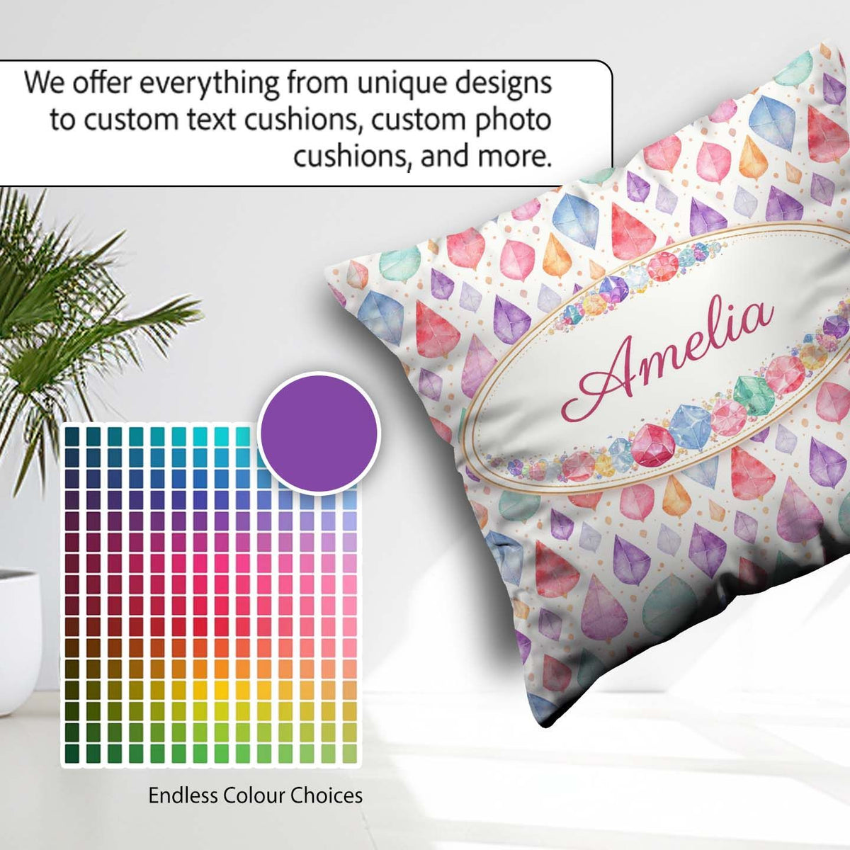 Custom Name Pastel Gemstone Seamless Light Background Watercolor Square Filled Cushion Throw Pillow Sofa Bed Home Decor Zip Washable UK Made
