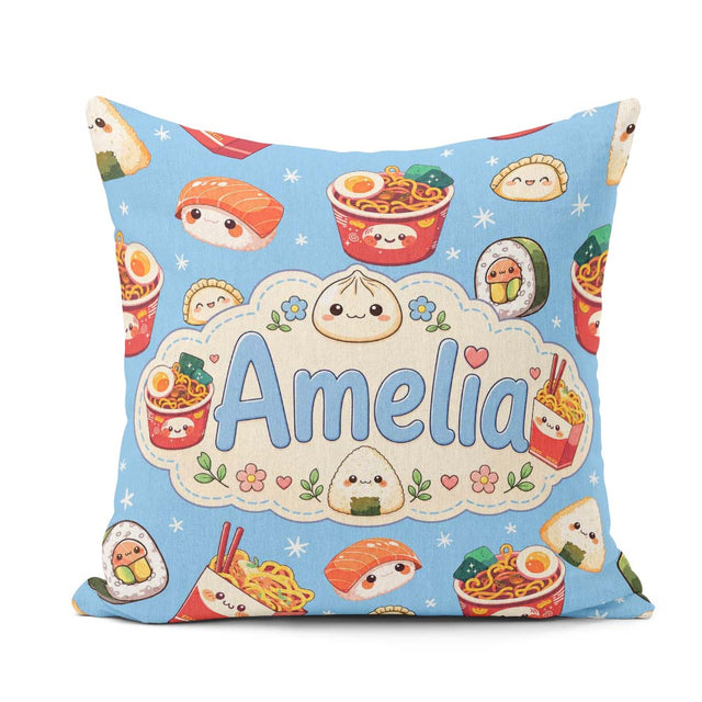 Custom Name Kawaii Sushi Ramen Dumpling Asian Food Seamless Blue Square Filled Cushion Throw Pillow Sofa Bed Home Decor Zip Washable UK Made