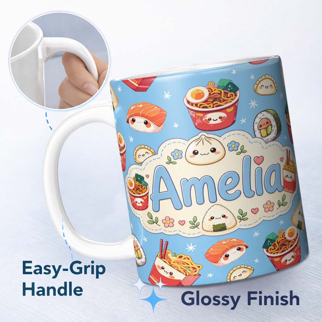 Personalized Custom Name Cute Kawaii Sushi Ramen Dumpling Asian Food Seamless Pattern Blue 11oz Ceramic Coffee Tea Mug White Large Handle