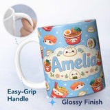 Personalized Custom Name Cute Kawaii Sushi Ramen Dumpling Asian Food Seamless Pattern Blue 11oz Ceramic Coffee Tea Mug White Large Handle