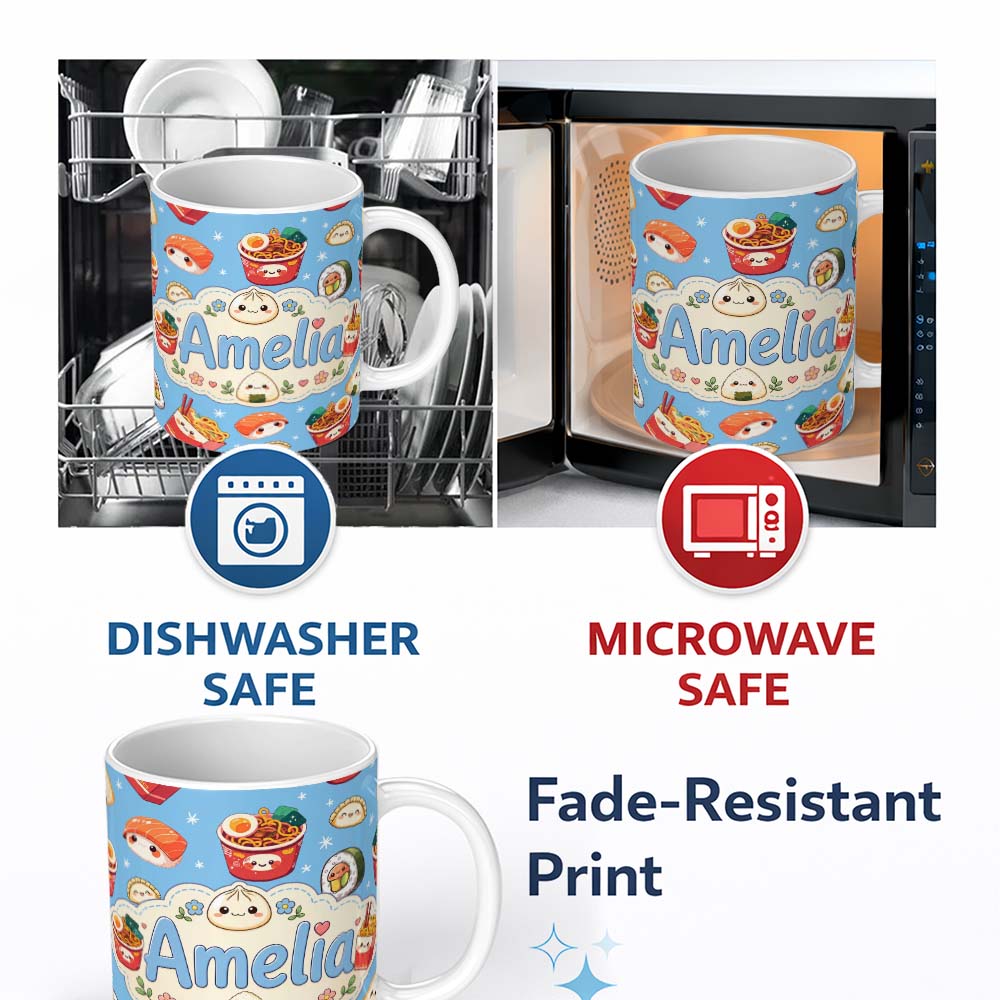 Personalized Custom Name Cute Kawaii Sushi Ramen Dumpling Asian Food Seamless Pattern Blue 11oz Ceramic Coffee Tea Mug White Large Handle