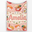 Cute Kawaii Sushi Ramen Dumpling Asian Food Seamless Pattern Peach  Personalised Custom Name Super Soft Fleece Blanket Bed Sofa Throw