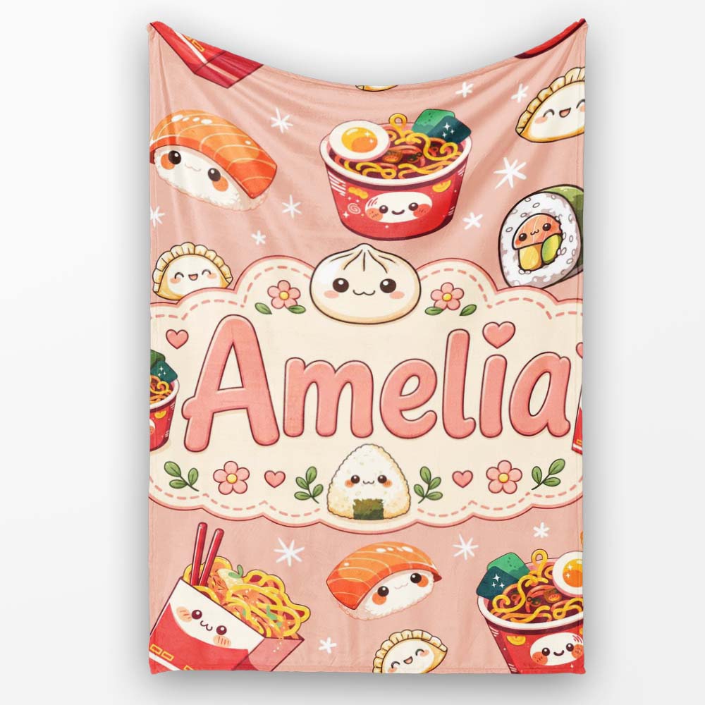Cute Kawaii Sushi Ramen Dumpling Asian Food Seamless Pattern Peach  Personalised Custom Name Super Soft Fleece Blanket Bed Sofa Throw