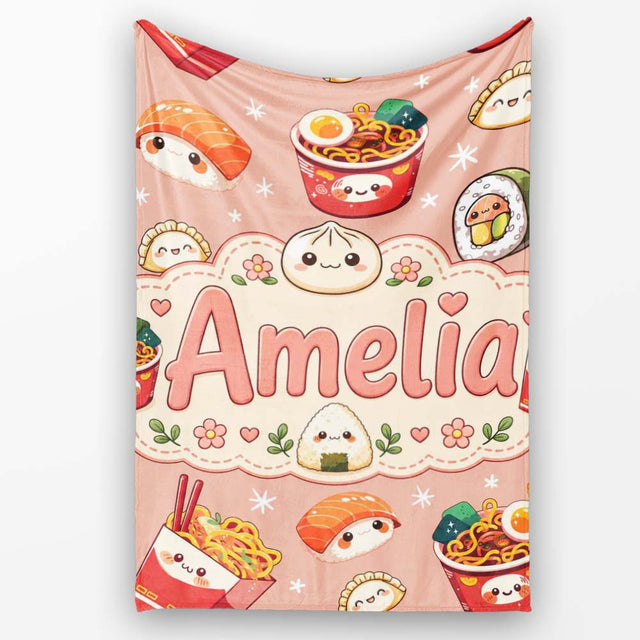 Cute Kawaii Sushi Ramen Dumpling Asian Food Seamless Pattern Peach  Personalised Custom Name Super Soft Fleece Blanket Bed Sofa Throw