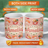 Personalized Custom Name Cute Kawaii Sushi Ramen Dumpling Asian Food Seamless Pattern Peach 11oz Ceramic Coffee Tea Mug White Large Handle