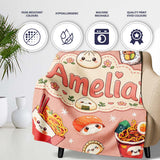 Cute Kawaii Sushi Ramen Dumpling Asian Food Seamless Pattern Peach  Personalised Custom Name Super Soft Fleece Blanket Bed Sofa Throw