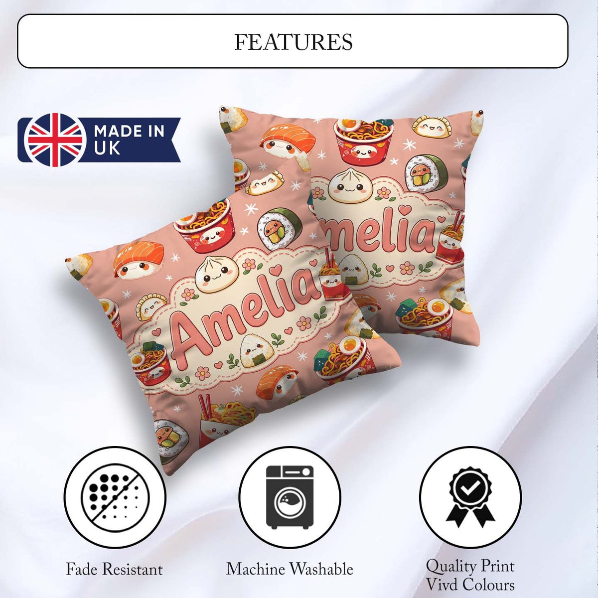 Custom Name Kawaii Sushi Ramen Dumpling Asian Food Pattern Peach Square Filled Cushion Throw Pillow Sofa Bed Home Decor Zip Washable UK Made