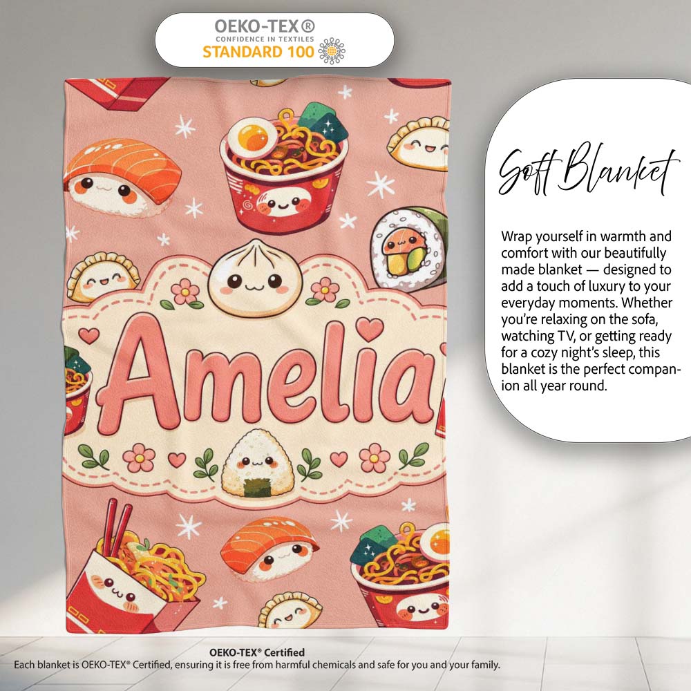 Cute Kawaii Sushi Ramen Dumpling Asian Food Seamless Pattern Peach  Personalised Custom Name Super Soft Fleece Blanket Bed Sofa Throw