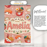 Cute Kawaii Sushi Ramen Dumpling Asian Food Seamless Pattern Peach  Personalised Custom Name Super Soft Fleece Blanket Bed Sofa Throw