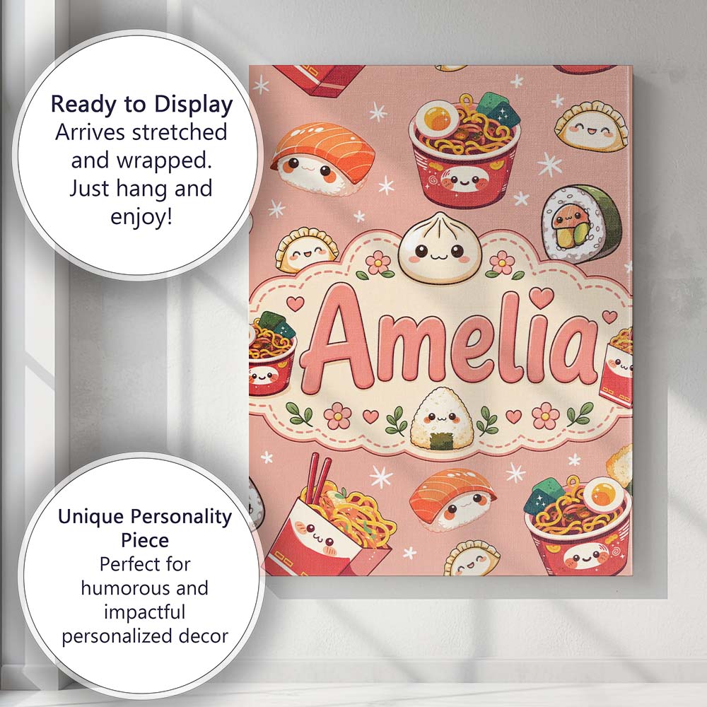 Personalised Name Cute Kawaii Sushi Ramen Custom  Unique Gift Idea Elegant Feature Canvas Wall Art Print Decor Picture Ready to Hang