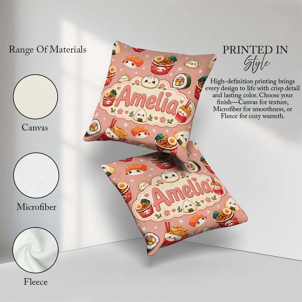 Custom Name Kawaii Sushi Ramen Dumpling Asian Food Pattern Peach Square Filled Cushion Throw Pillow Sofa Bed Home Decor Zip Washable UK Made