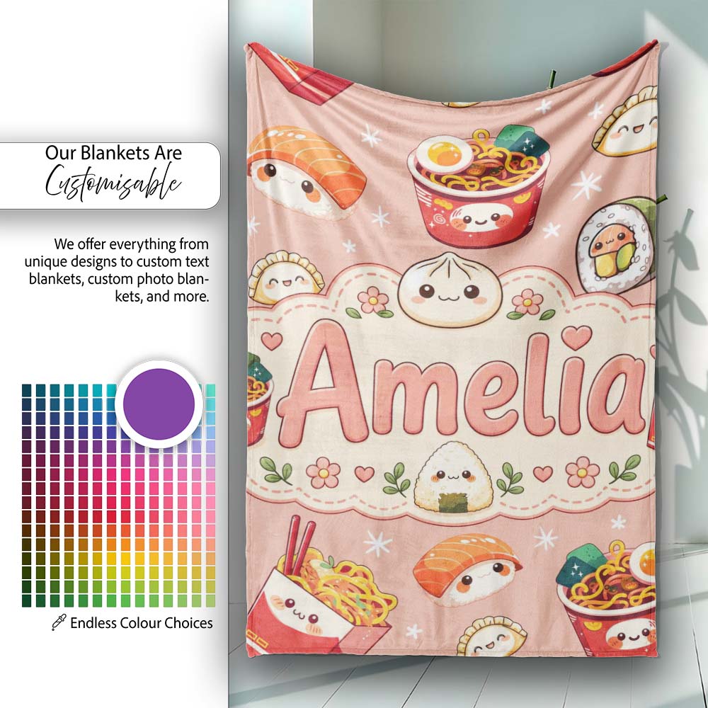 Cute Kawaii Sushi Ramen Dumpling Asian Food Seamless Pattern Peach  Personalised Custom Name Super Soft Fleece Blanket Bed Sofa Throw