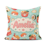 Custom Name Kawaii Sushi Ramen Dumpling Asian Food Seamless Teal Square Filled Cushion Throw Pillow Sofa Bed Home Decor Zip Washable UK Made