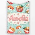 Cute Kawaii Sushi Ramen Dumpling Asian Food Seamless Pattern Teal  Personalised Custom Name Super Soft Fleece Blanket Bed Sofa Throw