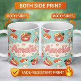 Personalized Custom Name Cute Kawaii Sushi Ramen Dumpling Asian Food Seamless Pattern Teal 11oz Ceramic Coffee Tea Mug White Large Handle