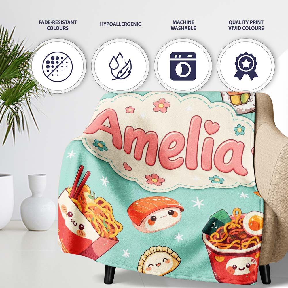 Cute Kawaii Sushi Ramen Dumpling Asian Food Seamless Pattern Teal  Personalised Custom Name Super Soft Fleece Blanket Bed Sofa Throw