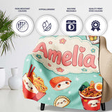 Cute Kawaii Sushi Ramen Dumpling Asian Food Seamless Pattern Teal  Personalised Custom Name Super Soft Fleece Blanket Bed Sofa Throw