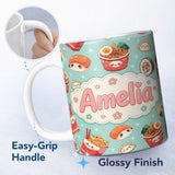 Personalized Custom Name Cute Kawaii Sushi Ramen Dumpling Asian Food Seamless Pattern Teal 11oz Ceramic Coffee Tea Mug White Large Handle