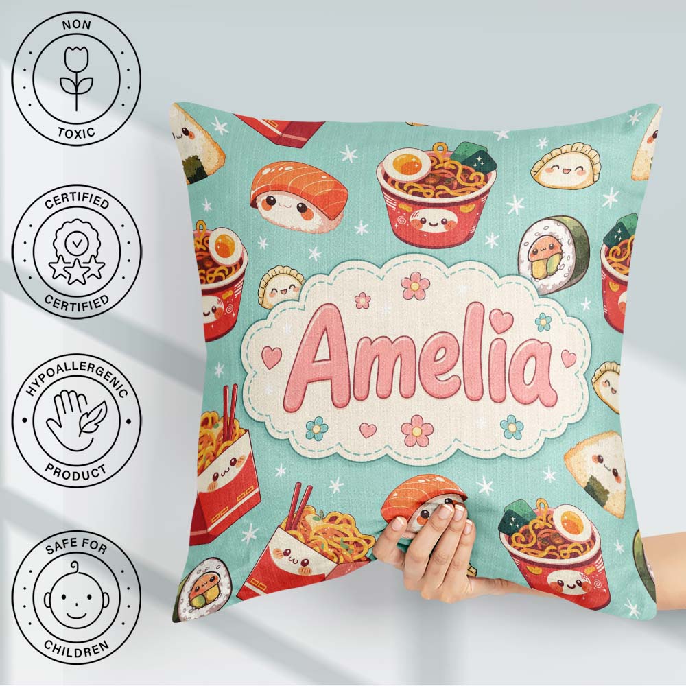 Custom Name Kawaii Sushi Ramen Dumpling Asian Food Seamless Teal Square Filled Cushion Throw Pillow Sofa Bed Home Decor Zip Washable UK Made