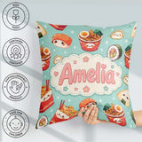 Custom Name Kawaii Sushi Ramen Dumpling Asian Food Seamless Teal Square Filled Cushion Throw Pillow Sofa Bed Home Decor Zip Washable UK Made