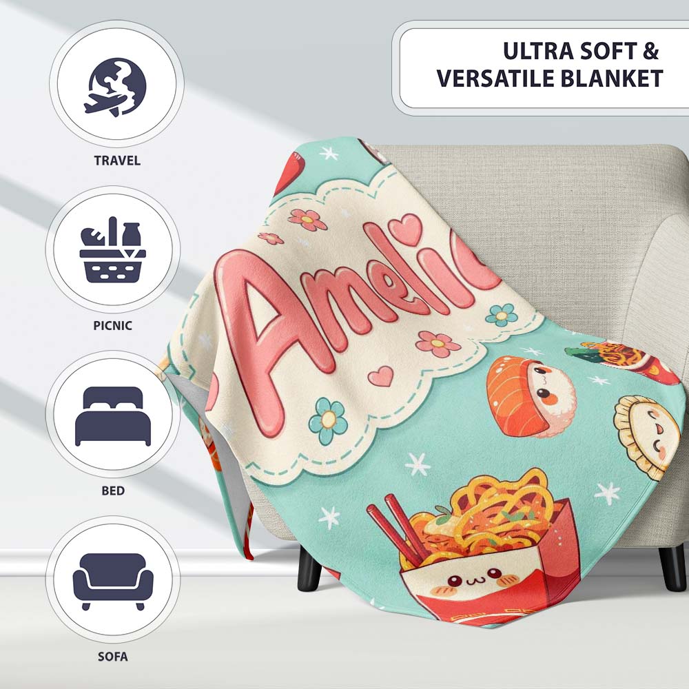 Cute Kawaii Sushi Ramen Dumpling Asian Food Seamless Pattern Teal  Personalised Custom Name Super Soft Fleece Blanket Bed Sofa Throw
