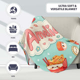 Cute Kawaii Sushi Ramen Dumpling Asian Food Seamless Pattern Teal  Personalised Custom Name Super Soft Fleece Blanket Bed Sofa Throw
