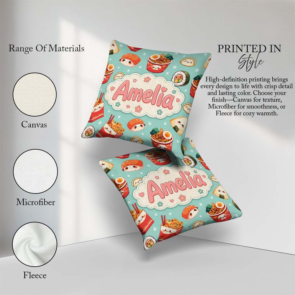 Custom Name Kawaii Sushi Ramen Dumpling Asian Food Seamless Teal Square Filled Cushion Throw Pillow Sofa Bed Home Decor Zip Washable UK Made