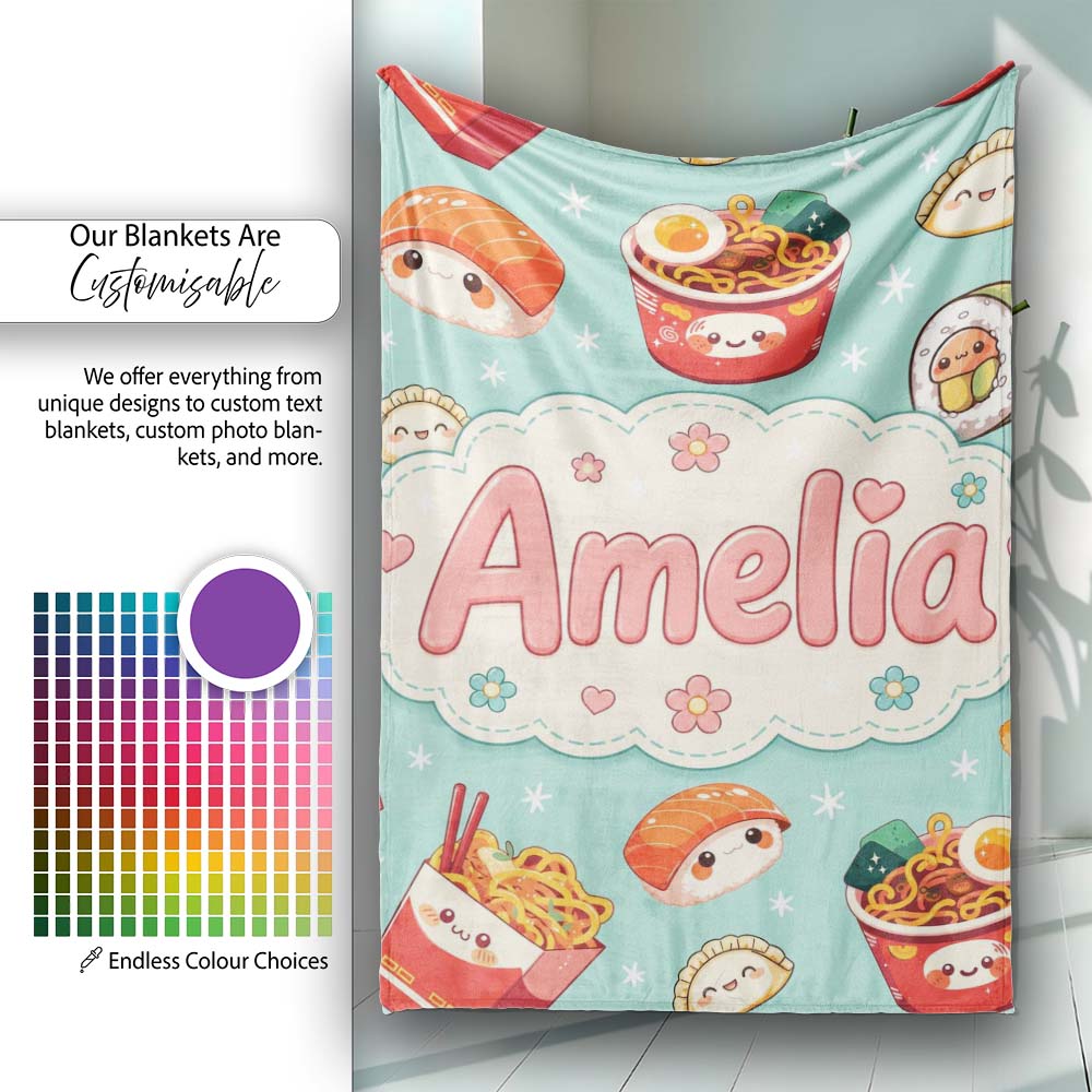 Cute Kawaii Sushi Ramen Dumpling Asian Food Seamless Pattern Teal  Personalised Custom Name Super Soft Fleece Blanket Bed Sofa Throw