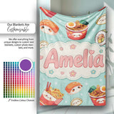 Cute Kawaii Sushi Ramen Dumpling Asian Food Seamless Pattern Teal  Personalised Custom Name Super Soft Fleece Blanket Bed Sofa Throw
