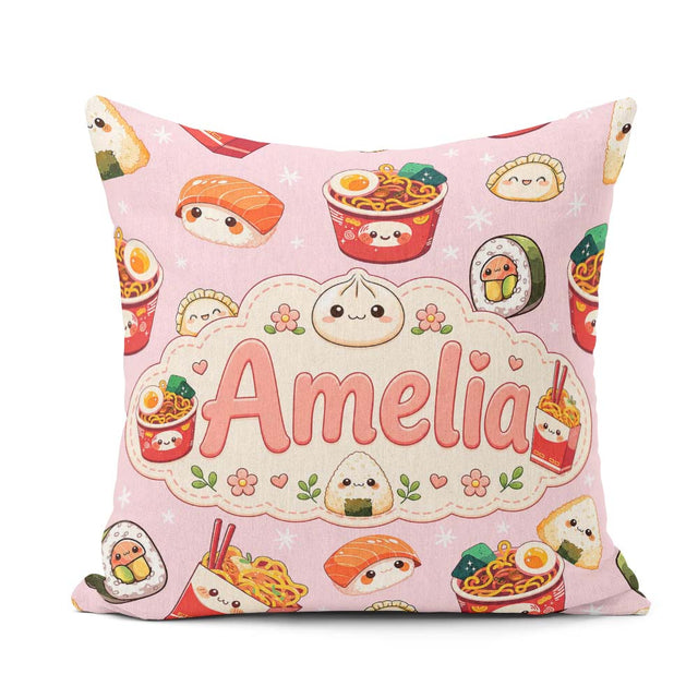 Custom Name Kawaii Sushi Ramen Dumpling Asian Food Seamless Soft Square Filled Cushion Throw Pillow Sofa Bed Home Decor Zip Washable UK Made