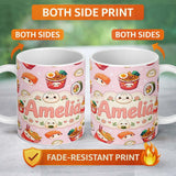 Personalized Custom Name Kawaii Sushi Ramen Dumpling Asian Food Seamless Pattern Soft Pink 11oz Ceramic Coffee Tea Mug White Large Handle